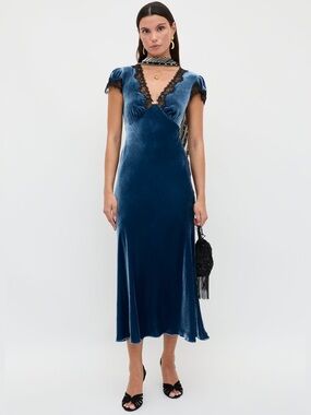Rixo blue velvet Clarice midi dress